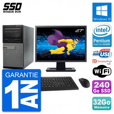 PC Tour Dell 7010 Ecran 27" Pentium G2020 RAM 32Go SSD 240Go Windows 10 Wifi