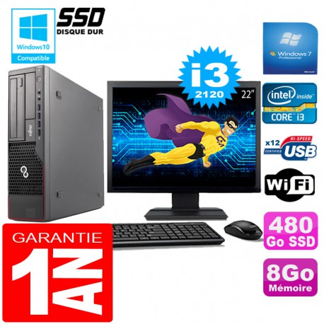PC Fujitsu Esprimo E700 E90+ SFF I3-2120 8Go Disque 480 Go SSD Wifi W7 Ecran 22"