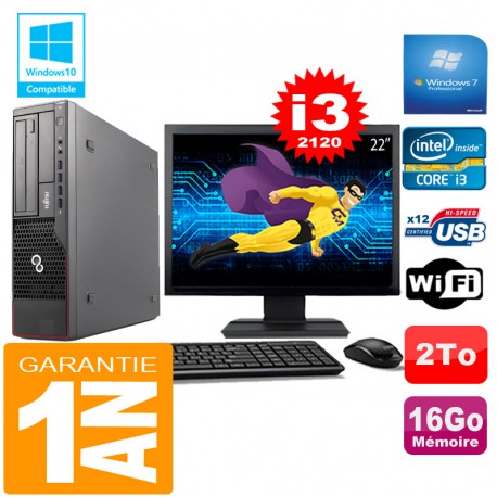 PC Fujitsu Esprimo E700 E90+ SFF Core I3-2120 16Go Disque 2 To Wifi W7 Ecran 22"