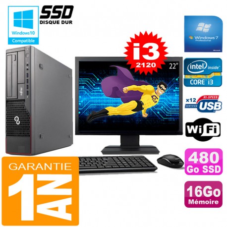 PC Fujitsu Esprimo E700 E90+ SFF I3-2120 16Go Disque 480Go SSD Wifi W7 Ecran 22"