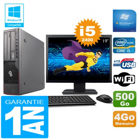 PC Fujitsu Esprimo E700 E90+ SFF Core I5-2400 4Go Disque 500Go Wifi W7 Ecran 19"