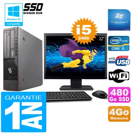 PC Fujitsu Esprimo E700 E90+ SFF I5-2400 4Go Disque 480 Go SSD Wifi W7 Ecran 22"