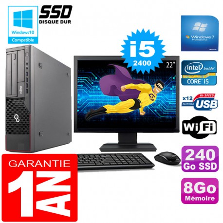 PC Fujitsu Esprimo E700 E90+ SFF I5-2400 8Go Disque 240 Go SSD Wifi W7 Ecran 22"
