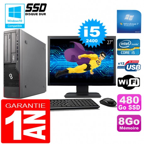 PC Fujitsu Esprimo E700 E90+ SFF I5-2400 8Go Disque 480 Go SSD Wifi W7 Ecran 27"