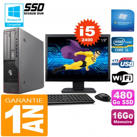 PC Fujitsu Esprimo E700 E90+ SFF I5-2400 16Go Disque 480Go SSD Wifi W7 Ecran 19"