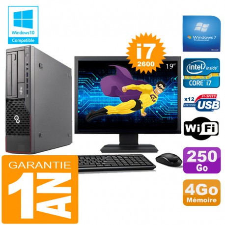PC Fujitsu Esprimo E700 E90+ SFF Core I7-2600 4Go Disque 250Go Wifi W7 Ecran 19"