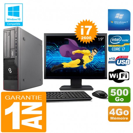 PC Fujitsu Esprimo E700 E90+ SFF Core I7-2600 4Go Disque 500Go Wifi W7 Ecran 19"