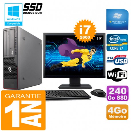 PC Fujitsu Esprimo E700 E90+ SFF I7-2600 4Go Disque 240 Go SSD Wifi W7 Ecran 19"