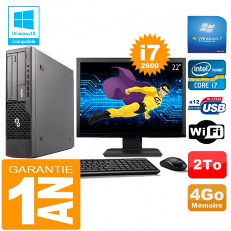 PC Fujitsu Esprimo E700 E90+ SFF Core I7-2600 4Go Disque 2 To Wifi W7 Ecran 22"
