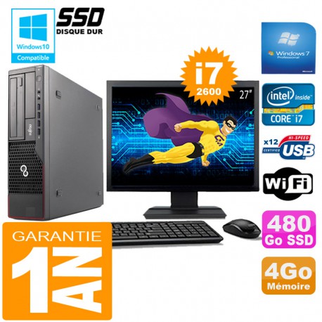 PC Fujitsu Esprimo E700 E90+ SFF I7-2600 4Go Disque 480 Go SSD Wifi W7 Ecran 27"