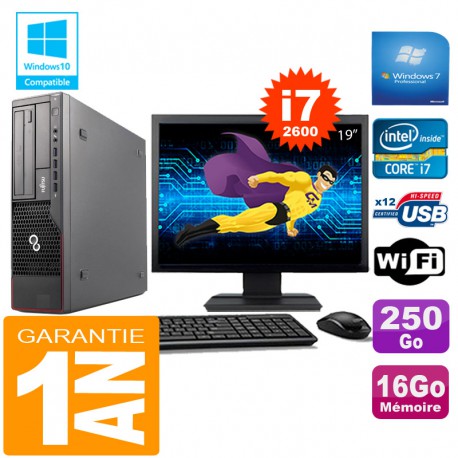 PC Fujitsu Esprimo E700 E90+ SFF I7-2600 RAM 16Go Disque 250Go Wifi W7 Ecran 19"
