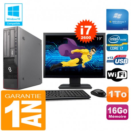 PC Fujitsu Esprimo E700 E90+ SFF Core I7-2600 16Go Disque 1 To Wifi W7 Ecran 19"