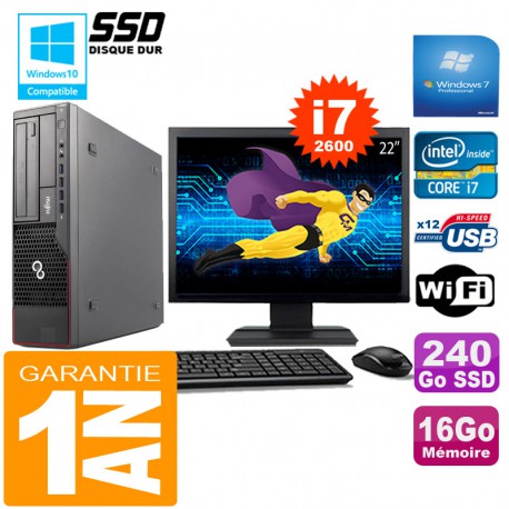 PC Fujitsu Esprimo E700 E90+ SFF I7-2600 16Go Disque 240Go SSD Wifi W7 Ecran 22"