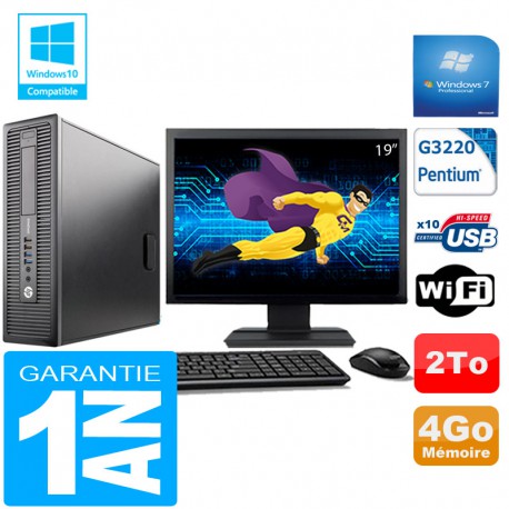 PC HP EliteDesk 800 G1 SFF Intel G3220 4 Go Disque 2 To Wifi W7 Ecran 19"