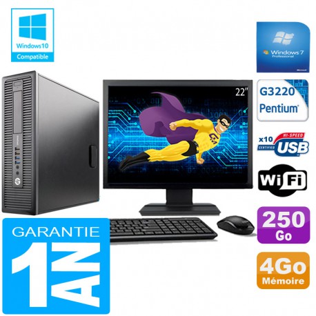 PC HP EliteDesk 800 G1 SFF Intel G3220 4 Go Disque 250 Go Wifi W7 Ecran 22"