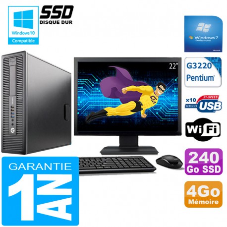 PC HP EliteDesk 800 G1 SFF Intel G3220 4 Go Disque 240 Go SSD Wifi W7 Ecran 22"