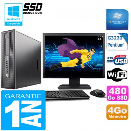 PC HP EliteDesk 800 G1 SFF Intel G3220 4 Go Disque 480 Go SSD Wifi W7 Ecran 22"