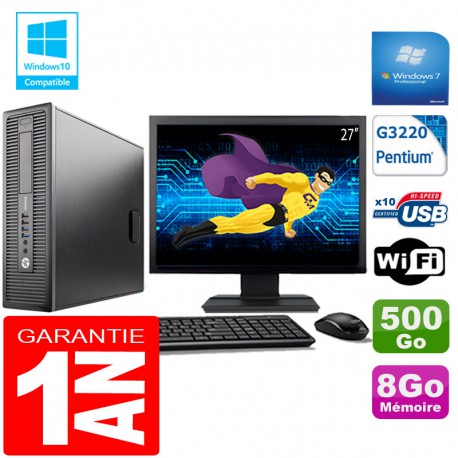 PC HP EliteDesk 800 G1 SFF Intel G3220 8Go Disque 500 Go Wifi W7 Ecran 27"