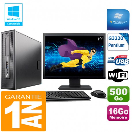 PC HP EliteDesk 800 G1 SFF Intel G3220 16Go Disque 500 Go Wifi W7 Ecran 19"
