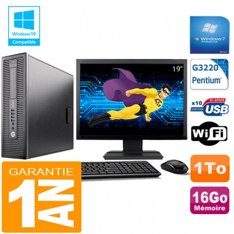 PC HP EliteDesk 800 G1 SFF Intel G3220 16Go Disque 1 To Wifi W7 Ecran 19"