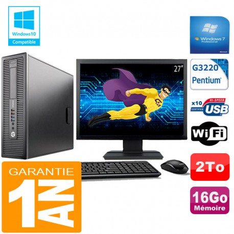 PC HP EliteDesk 800 G1 SFF Intel G3220 16Go Disque 2 To Wifi W7 Ecran 27"