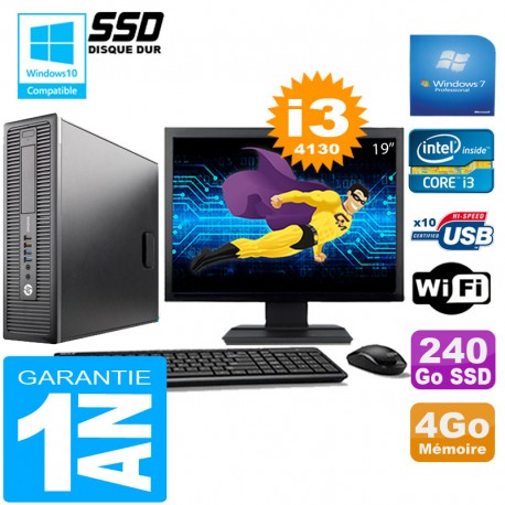 PC HP EliteDesk 800 G1 SFF Core I3-4130 4Go Disque 240 Go SSD Wifi W7 Ecran 19"