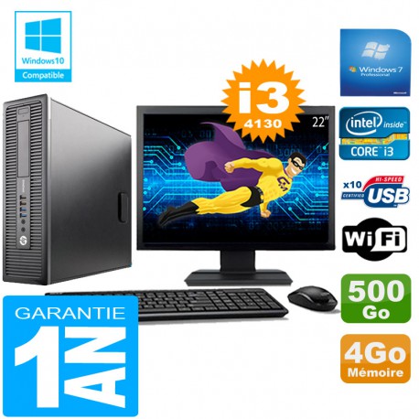 PC HP EliteDesk 800 G1 SFF Core I3-4130 4Go Disque 500 Go Wifi W7 Ecran 22"