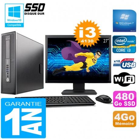 PC HP EliteDesk 800 G1 SFF Core I3-4130 4Go Disque 480 Go SSD Wifi W7 Ecran 27"