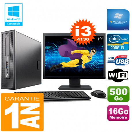 PC HP EliteDesk 800 G1 SFF Core I3-4130 16Go Disque 500 Go Wifi W7 Ecran 19"