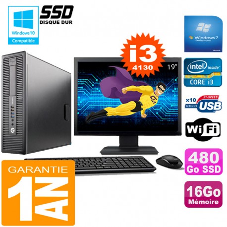 PC HP EliteDesk 800 G1 SFF Core I3-4130 16Go Disque 480 Go SSD Wifi W7 Ecran 19"