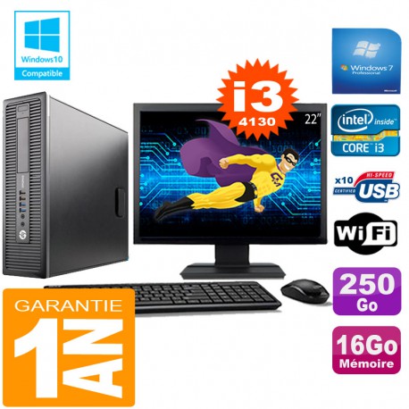 PC HP EliteDesk 800 G1 SFF Core I3-4130 16Go Disque 250 Go Wifi W7 Ecran 22"