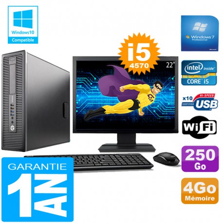 PC HP EliteDesk 800 G1 SFF Core I5-4570 4Go Disque 250 Go Wifi W7 Ecran 22"