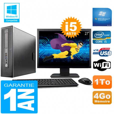PC HP EliteDesk 800 G1 SFF Core I5-4570 4Go Disque 1 To Wifi W7 Ecran 27"