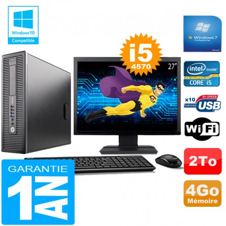 PC HP EliteDesk 800 G1 SFF Core I5-4570 4Go Disque 2 To Wifi W7 Ecran 27"
