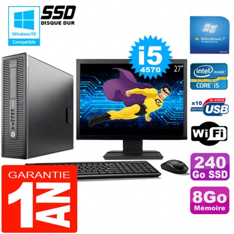PC HP EliteDesk 800 G1 SFF Core I5-4570 8Go Disque 240 Go SSD Wifi W7 Ecran 27"