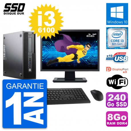 PC HP WorkStation Z240 SFF Ecran 22" i3-6100 RAM 8Go SSD 240Go Windows 10 Wifi