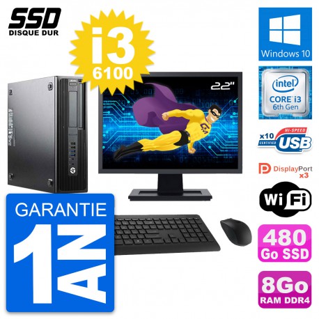 PC HP WorkStation Z240 SFF Ecran 22" i3-6100 RAM 8Go SSD 480Go Windows 10 Wifi
