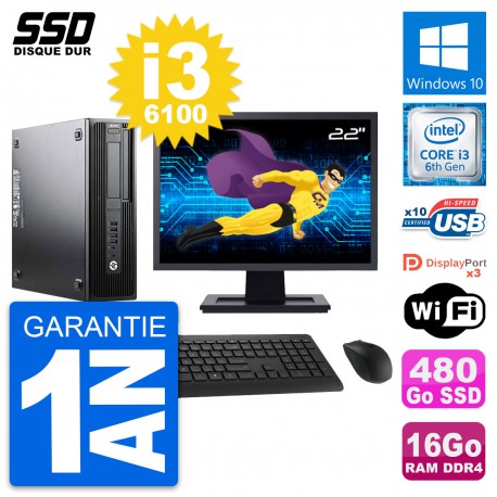 PC HP WorkStation Z240 SFF Ecran 22" i3-6100 RAM 16Go SSD 480Go Windows 10 Wifi