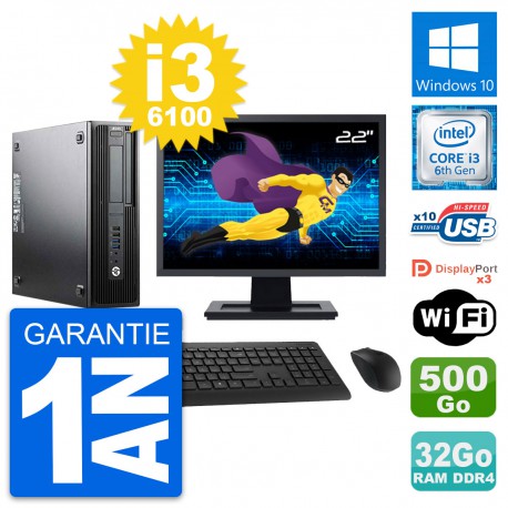 PC HP Z240 SFF Ecran 22" Intel i3-6100 RAM 32Go Disque Dur 500Go Windows 10 Wifi