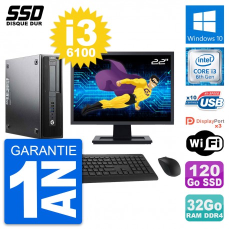 PC HP WorkStation Z240 SFF Ecran 22" i3-6100 RAM 32Go SSD 120Go Windows 10 Wifi