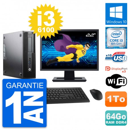 PC HP Z240 SFF Ecran 22" Intel Core i3-6100 RAM 64Go Disque 1To Windows 10 Wifi