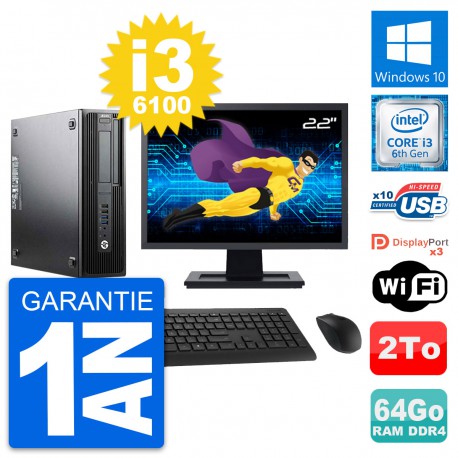 PC HP Z240 SFF Ecran 22" Intel Core i3-6100 RAM 64Go Disque 2To Windows 10 Wifi