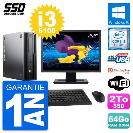 PC HP WorkStation Z240 SFF Ecran 22" i3-6100 RAM 64Go SSD 2To Windows 10 Wifi