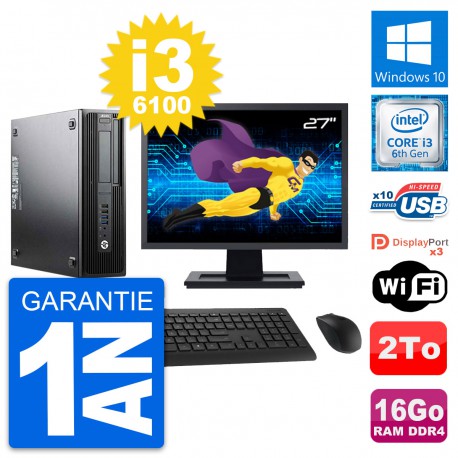 PC HP Z240 SFF Ecran 27" Intel Core i3-6100 RAM 16Go Disque 2To Windows 10 Wifi