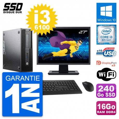 PC HP WorkStation Z240 SFF Ecran 27" i3-6100 RAM 16Go SSD 240Go Windows 10 Wifi