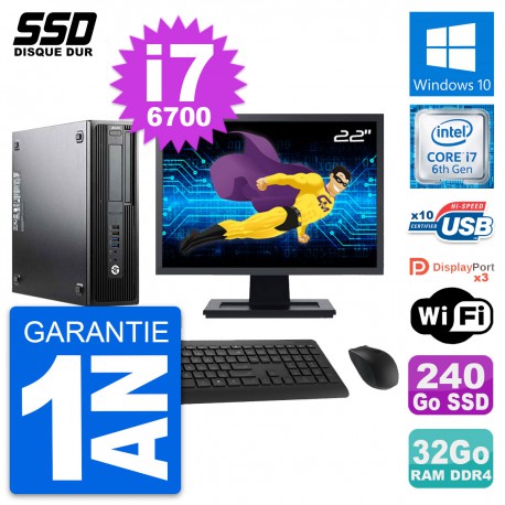 PC HP WorkStation Z240 SFF Ecran 22" i7-6700 RAM 32Go SSD 240Go Windows 10 Wifi