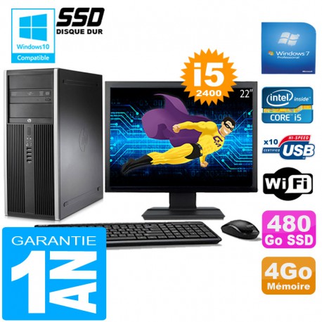 PC Tour HP Compaq 8200 Core I5-2400 Ram 4Go Disque 480Go SSD Wifi W7 Ecran 22"