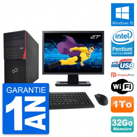 PC Tour Fujitsu P920 Ecran 27" Intel G3220 RAM 32Go Disque 1To Windows 10 Wifi
