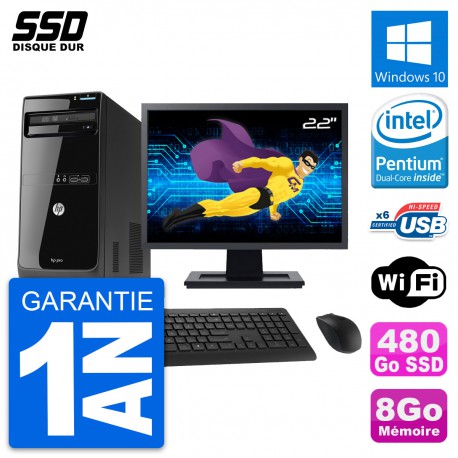 PC Tour HP Pro 3400 MT Ecran 22" Pentium G630 RAM 8Go SSD 480Go Windows 10 Wifi