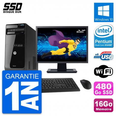 PC Tour HP Pro 3400 MT Ecran 22" Pentium G630 RAM 16Go SSD 480Go Windows 10 Wifi
